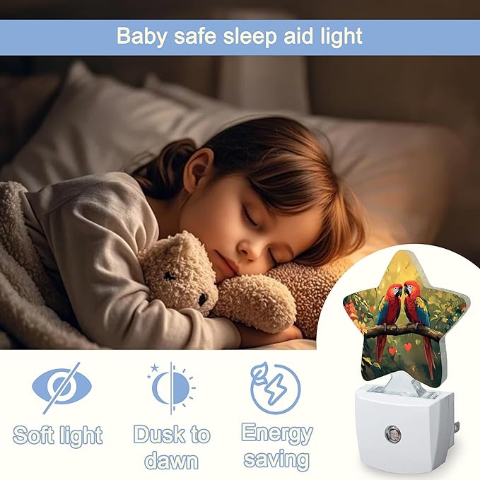 Tropical Parrot Night Light,Pink Love Heart Floral Plug-in Star Night Lights with Dusk-to-Dawn Sensor for Bedroom,Bathroom,Living Room Sleep Friendly Lamp for Women Girls Boys Gift,0.5W