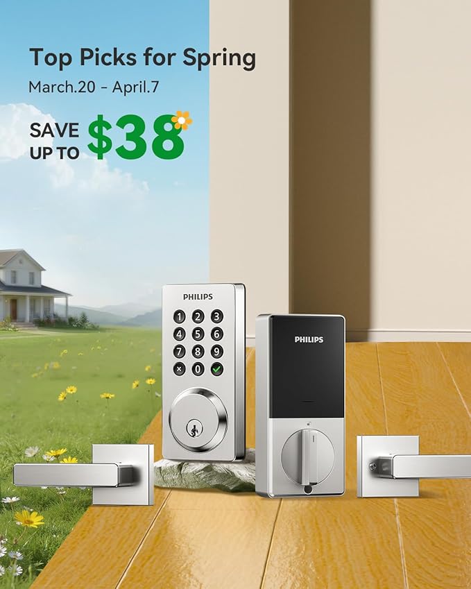 Philips WiFi Smart Door Lock with Handle, Built-in WiFi App Remote Control, Keyless Entry Door Locks for Front Door, Smart Deadbolt Auto Lock, Support Alexa & Google, IP54 Waterproof, Satin Nickel