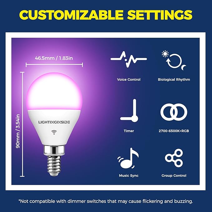 Lightinginside E12 Smart Light Bulbs 50W Equiv., G16.5 RGBCW Candelabra Chandelier Ceiling Fan Smart Bulb Works with Alexa/Google Home/SmartLife, 5W 550LM, 2.4G WiFi Bluetooth Bulb, ETL Listed, 4PCS
