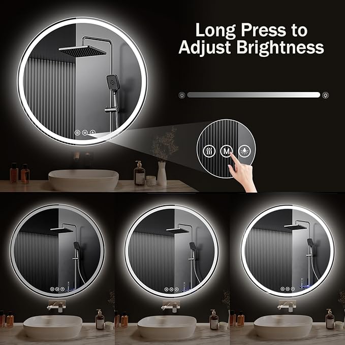 LED Bathroom Mirror 24 Inch Round Bathroom Mirror with Lights, Circle LED Mirror, Wall Mounted Lighted Bathroom with 3 Colors Brightness, Anti-Fog, Dimmable, Shatter-Proof