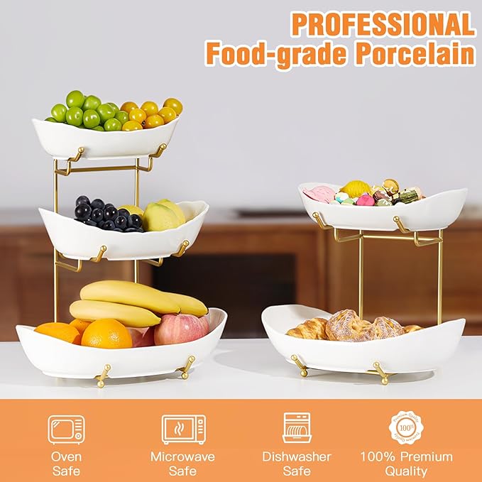 Ceramic Fruit Bowl for Kitchen Counter - 3 Tier Fruit Basket with Metal Stand, Tiered Fruit Stand for Countertop, Snack, Nuts, Cake, Dessert, Cute (Gold, Large)