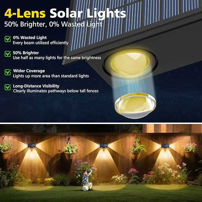 T-SUN Solar Fence Lights, 6 Pack Fence Lights Solar Powered 3000K Warm White, IP65 Waterproof Solar Wall Light Outdoor for Yard Step Patio Railing Pool Porch