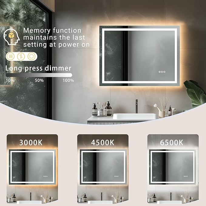 24"x 32" LED Bathroom Mirror with Stepless Dimmable, Backlight Wall Mirrors with Anti-Fog Bathroom Digital Mirror for Wall, 3 Color Modes, Memory Function Smart Mirror