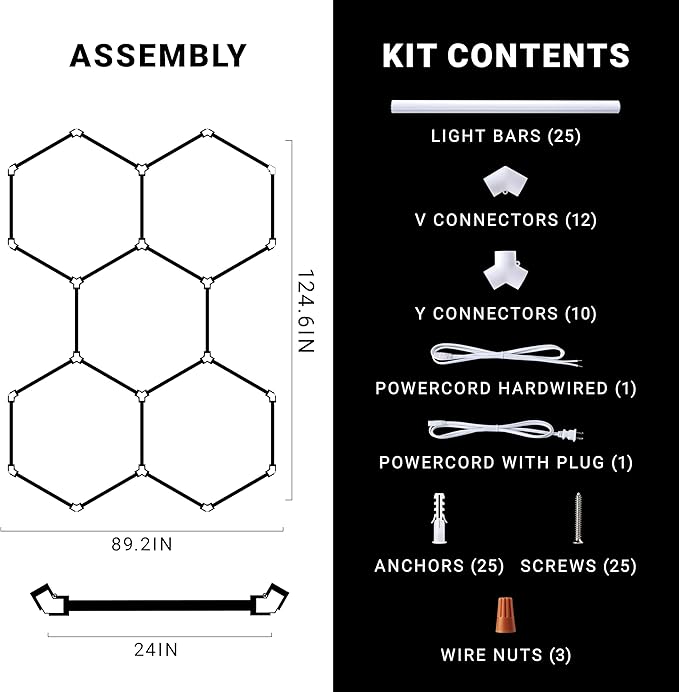 PARMIDA Hexagon LED Garage Lights, Ultra Bright 250W, 25000LM, ETL/FCC, Honeycomb Modern Ceiling Lighting System for Car Detailing Garage, Workshop, Gym, Shop, Basement (25 Pack, 5 Grids - 6000K)