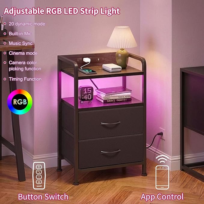 Fixwal Night Stand for Men Bedroom with Charging Station & LED Lights, Nightstand with 2 Fabric Storage Drawers and Edge, Black