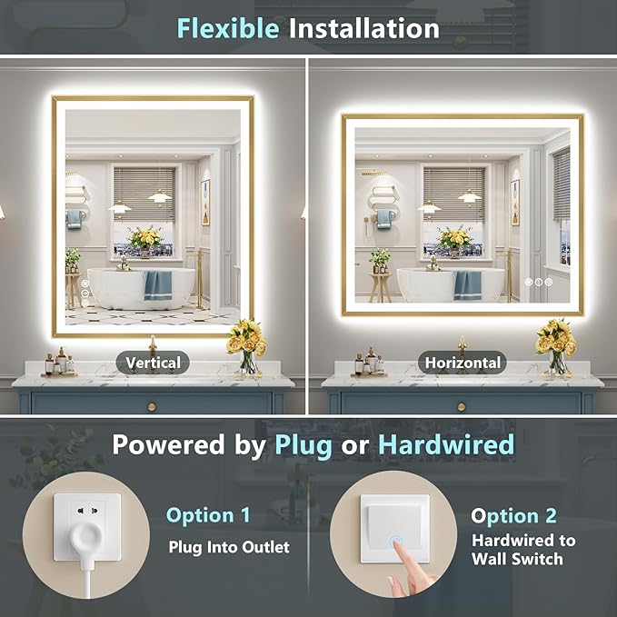 48x28 Gold Beveled LED Bathroom Mirror with Lights, Brushed Gold Framed Backlit and Front Lit Anti-Fog Lighted Vanity Mirrors for Bathroom Wall, Dimmable, 3 Colors, Memory, HD Tempered Glass