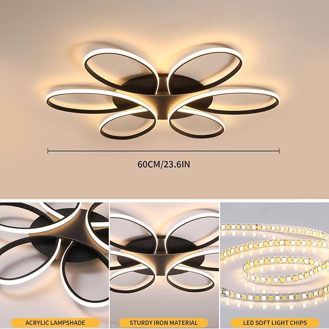 Modern LED Ceiling Light Fixture Black Flush Mount Ceiling Lamp with Remote Control Dimmable 6 Rings Flower Shaped Ideal for Living Room Bedroom Dining Room Kitchen(60CM/23.6IN)