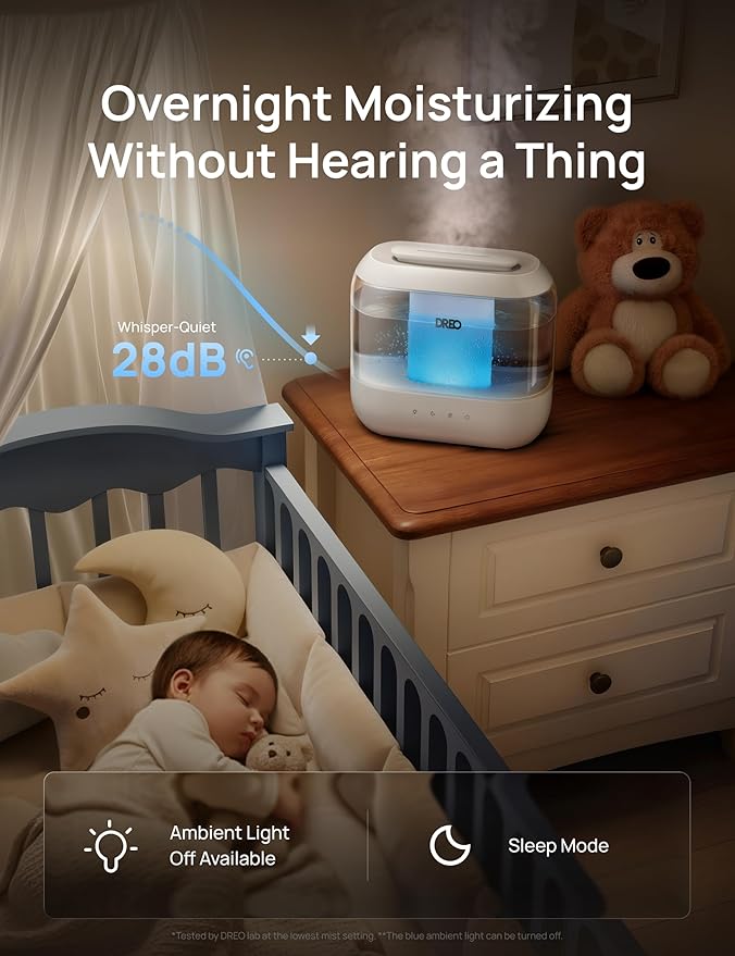 Dreo Humidifiers for Bedroom, 4L Top Fill for Large Room, 36H Runtime, 28 dB Quiet Supersized Cool Mist Air Humidifier for Baby Nursery, Plants, Indoor, Night Light, Easy to Clean & Fill, White