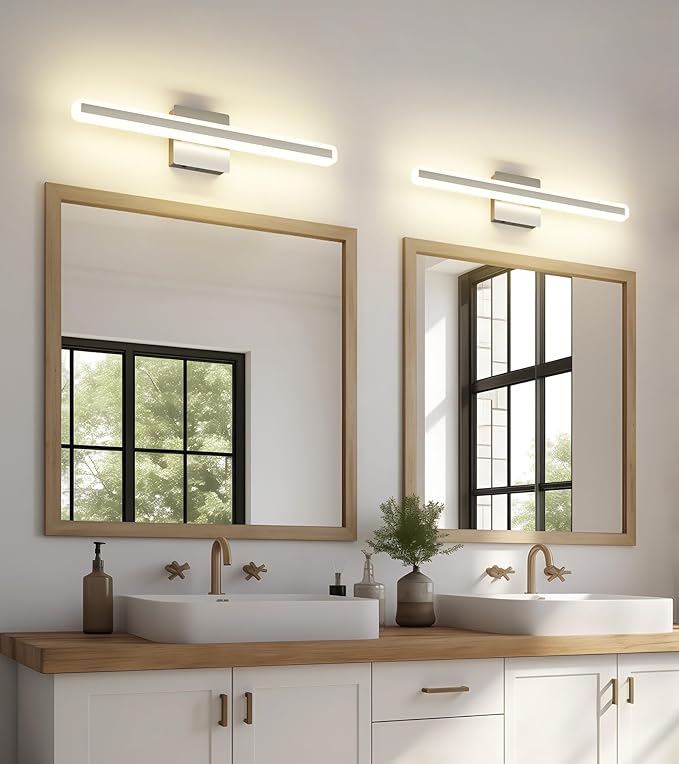 JUSHENG Brushed Nickel Vanity Lights for Bathroom, 5CCT Dimmable Vanity Light Bar, Modern LED Bathroom Lighting Fixtures Above Mirror 24'' Inch 20W