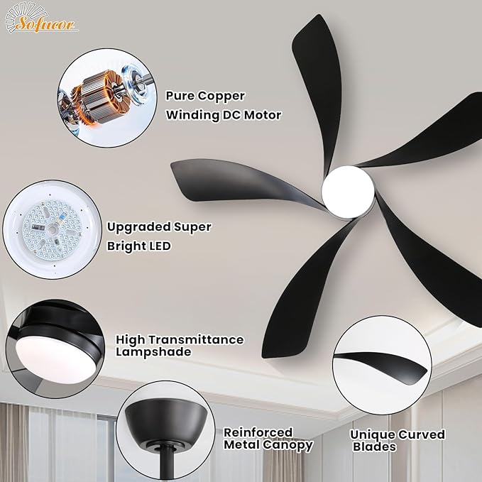 Sofucor 52" Smart Ceiling Fan, Indoor/Outdoor Ceiling Fans with Lights and Remote, Compatible with Alexa/Google/App, 3-Color Light 6-Speed Timing Reversible DC Motor for Bedroom Living Room Patio