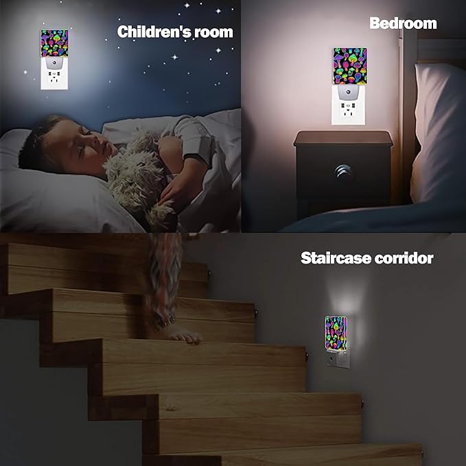 Bright Psychedelic Colors Mushrooms Night Light Plug in Wall Lamp Smart Dusk to Dawn Sensor for Home Decorative, Kids Room Bedroom Bathroom Kitchen Hallway Gifts