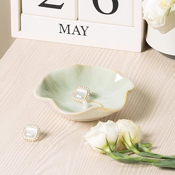 2Pcs Ceramic Jewelry Dish - Lotus Leaf Shape, for Ring Holder Necklace Small Key, Suitable for Mother Friend Sister, Gifts for Women, Cute Plate Trinket Tray, Home Decor (Green & Light Blue)