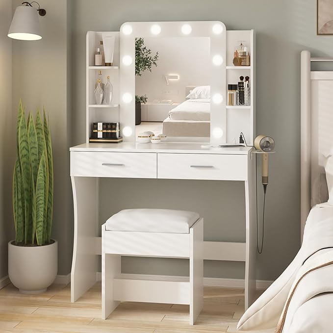 Vabches Vanity Desk with Lights,Makeup Vanity with Power Strip,Dressing Table Set with 2 Large Drawers,Vanity Mirror 3 Lighting Color Adjustable,White