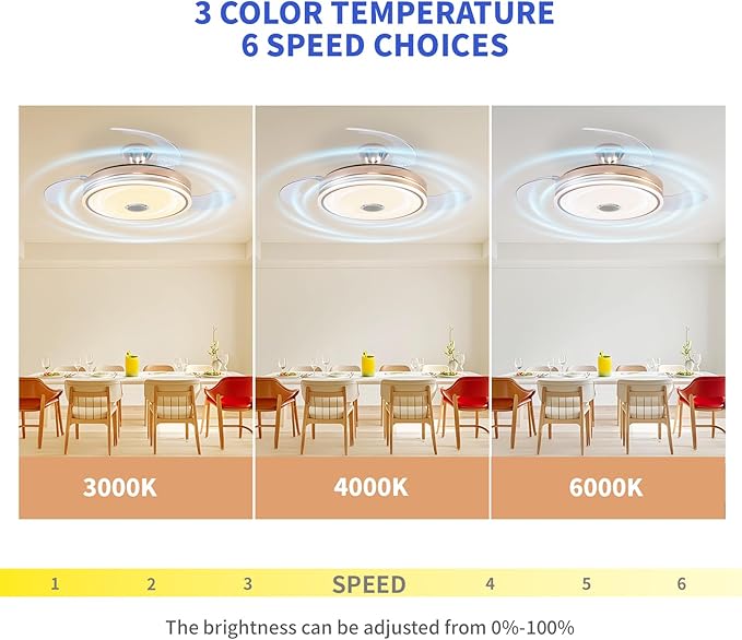 42 inch Ceiling Fan with Light, Retractable Chandelier Ceiling Fans with Lights, Bladeless Ceiling Fan with Light for Bedroom Living Room