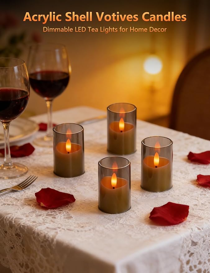 Rechargeable Small Tea Light Candles, Acrylic Votive Flameless Candles 1.7" x2.5"with Remote Control and Timer, Flickering Warm LED Light, Safe for Home, Parties, and Holidays (Set of 6, Gray)