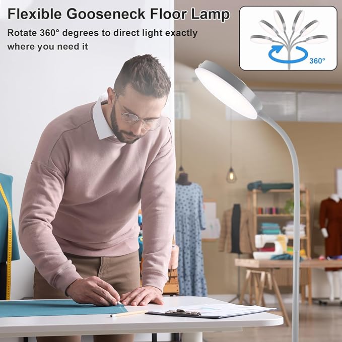 Floor Lamp, Led Floor Lamps for Living Room, Stepless Adjust Color Temperatures & Brightness Standing Lamp with Touch Control Tall Lamps Adjustable Gooseneck Reading Floor Lamp (Grey)