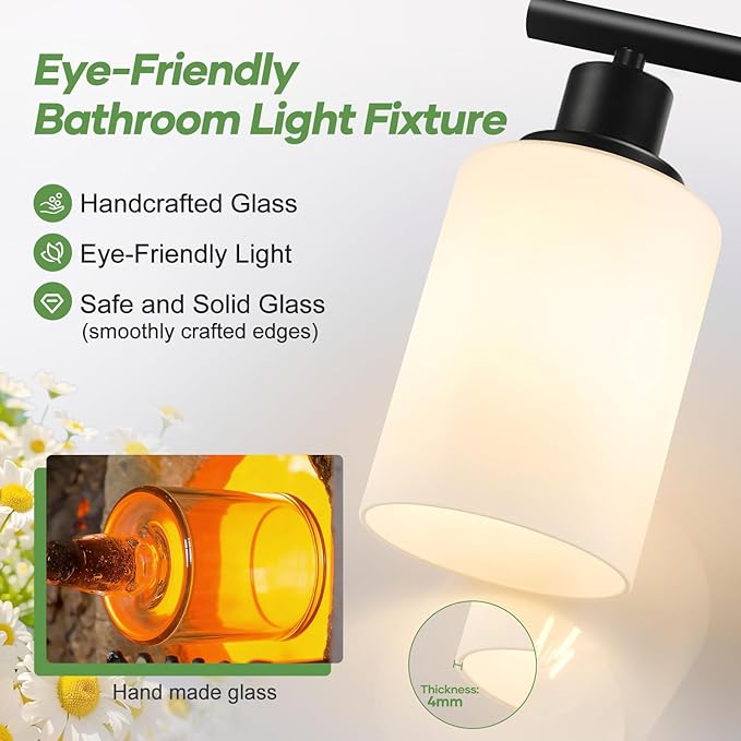 2-Light Bathroom Light Fixtures,Black Modern Vanity Lights with Milky White Frosted Glass Shades,Bathroom Wall Lamp for Mirror Kitchen Living Room Hallway Cabinet Porch