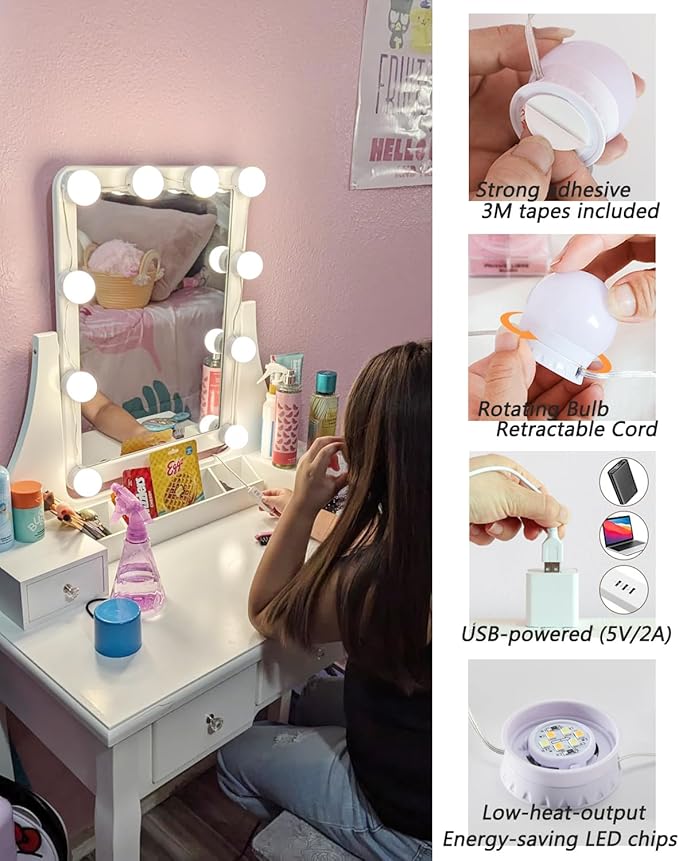 LED Vanity Lights for Mirror,10 Dimmable Bulbs,3000K 4500K 6500K & Brightness Adjustable,Hollywood Mirror Lights for Makeup Dressing Room