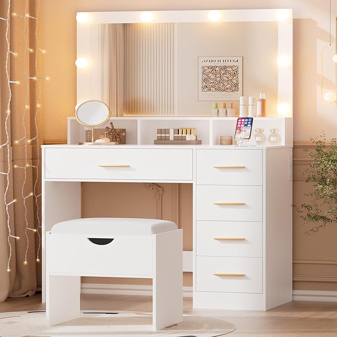 Vanity Desk with Mirror and Lights, 35.43" Large Mirror Makeup Table with Stool, 5 Drawers Dressing Table for Girls and Ladies Bedroom, White and Gold