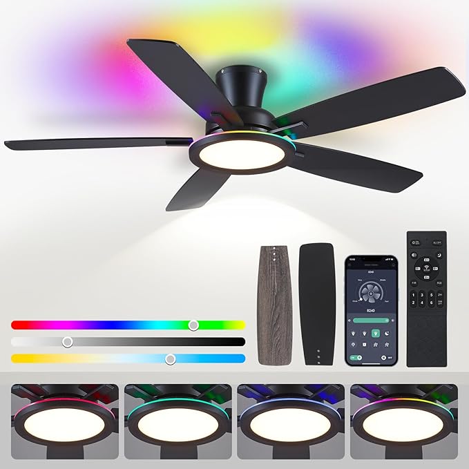 Flush Mount Ceiling Fan with RGB Light - 52In Black Ceiling Fan Light with Reversible Mute Motor, LED 3CCT Dimmable, Low Profile Modern Ceiling Fans for Indoor, Party, Covered Outdoor