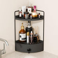 2-Tier Corner Bathroom Countertop Organizer with Drawer, Wooden Vanity Organizers for Makeup and Skincare Storage, Corner Counter Shelf with Embedded Screw Holes, Black