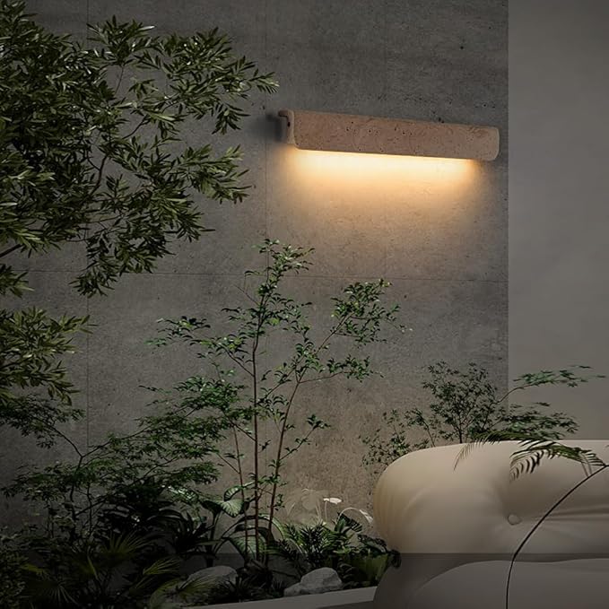 12.6 Inch Yellow Travertine Wall Light, Indoor Outdoor Interchangeable Wall Lamp, Wabi Sabi Style Wall Sconce, Dining Room Bedroom Living Room Wall Mounted Lighting Fixtures