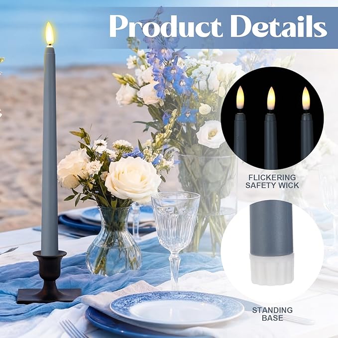 Macarrie 24 Packs Flameless Taper Candles Battery Operated Fake 11 Inch Long Candlelight LED Flameless Candlesticks Flickering Tapered for Spring Summer Wedding(Haze Blue)