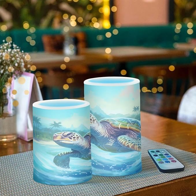 Graffiti Sea Turtle Pattern Flameless Candles Color Changing LED Candles with Remote Control Battery Candles for Outdoor and Indoor Home and Room Decoration, 3'' x 4''/5'' Set of 2 Pieces