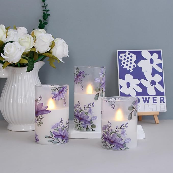 Flameless Flickering Glass Candles with Remote and Timer,Purple Flowers LED Battery Operated Real Wax Set of 3 Realistic Wick Electric Pillar Candles,Warm Fire(3 x 4, 5, 6 Inches)