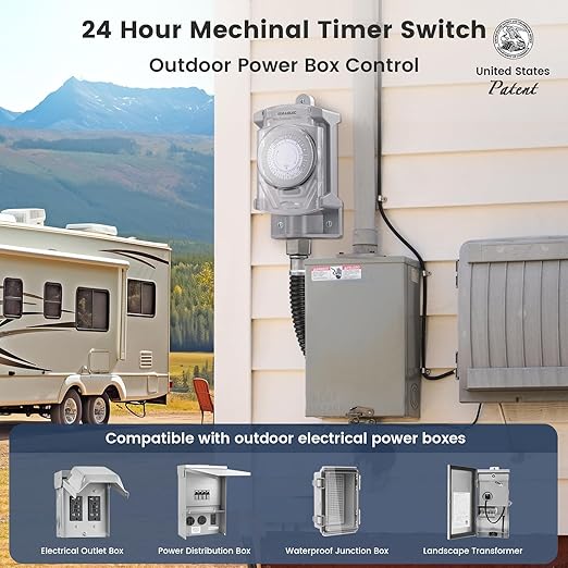SURAIELEC 20 AMP 24 Hour Mechanical Timer Switch for Outdoor Electrical Boxes, 120V Power Control, for Waterproof Junction Box, RV Outlet, Driveway, Pool Light, Security System, Holiday Decorations