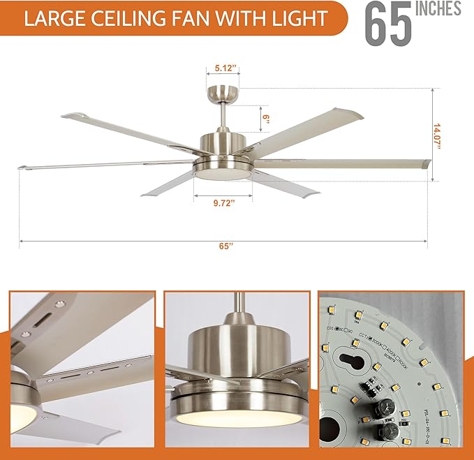 Industrial Ceiling Fans with Lights and Remote, 65 Inch Large Ceiling Fan for Living Room Bedroom, Outdoor Ceiling Fans for Patios, DC Motor Reversible 6 Blades, Ventilador de Techo, Brushed Nickel