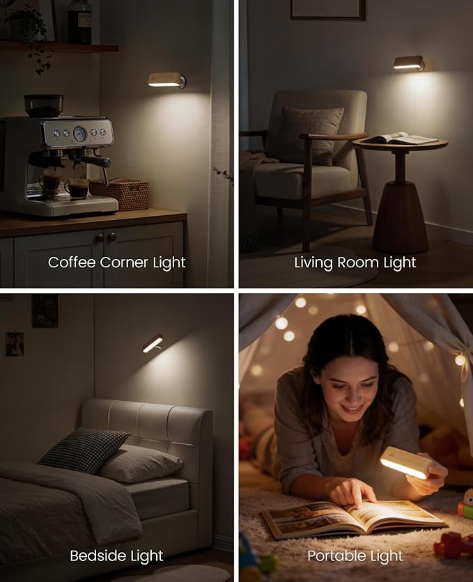 Wood LED Wall Sconce, Magnetic 360° Rotatable Wall Mounted Night Light & Reading Light, Small Rechargeable Battery Powered Bedside Wall Lamp for Bedroom, Living Room, Beech Wood
