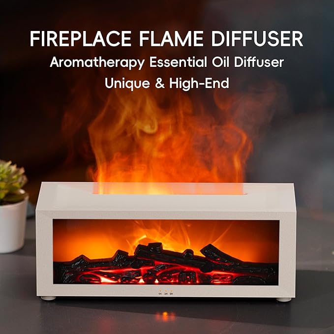 Essential Oil Diffuser, 7 Colors Fireplace Flame Fire Oil Diffuser, 150ml Ultrasonic Aromatherapy Humidifier, Scent Diffuser with Remote Control & Timer for Home,Bedroom,Office,Yoga (White)