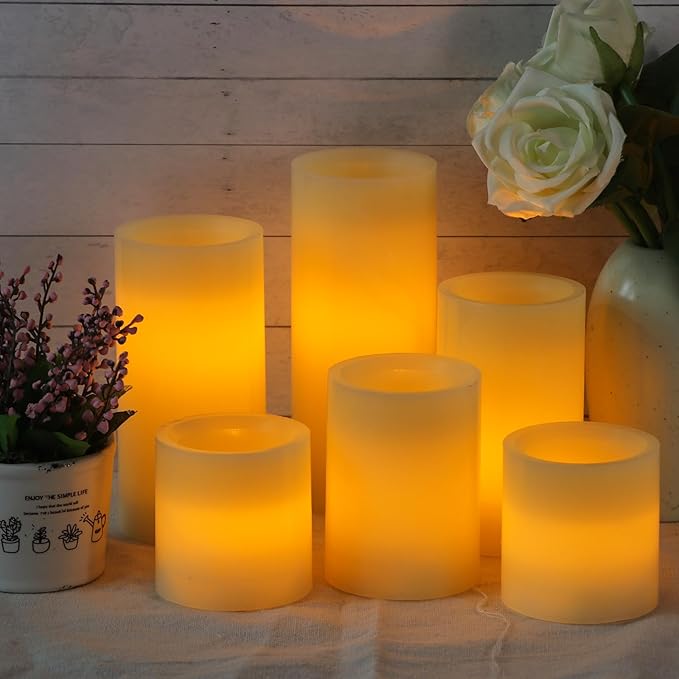Wondise Flameless Flickering Candles with Remote & Timer, Battery Operated Real Wax with Optical Fiber Wick 6PCS LED Candles for Thanksgiving Christmas Home Holidays Decoration(D3 x H3 4" 5" 6" 7")
