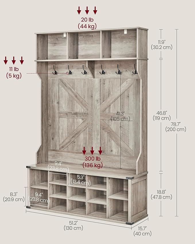 VASAGLE Hall Tree with Bench and Shoe Storage, Coat Rack with Shoe Bench, Entryway Furniture, 16 Open Compartments, 6 Tri-Hooks, Farmhouse Style, Space Saving, Heather Greige UHSR427K02