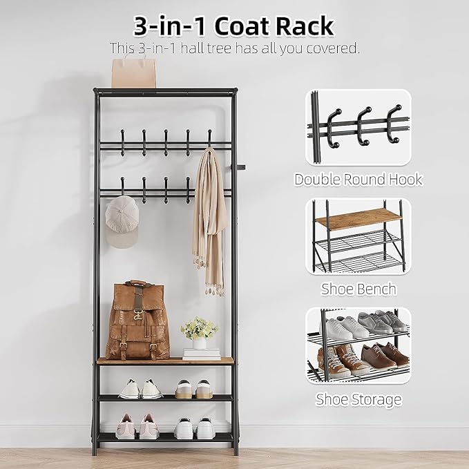 Coat Rack Shoe Bench with 5 Hooks, Entryway Hall Trees with Storage, Multifunctional Hallway Organizer, Wood Look Accent Furniture with Metal Frame, 4-in-1 Hall Trees Shoe Bench (2 Rows-10 Hooks)