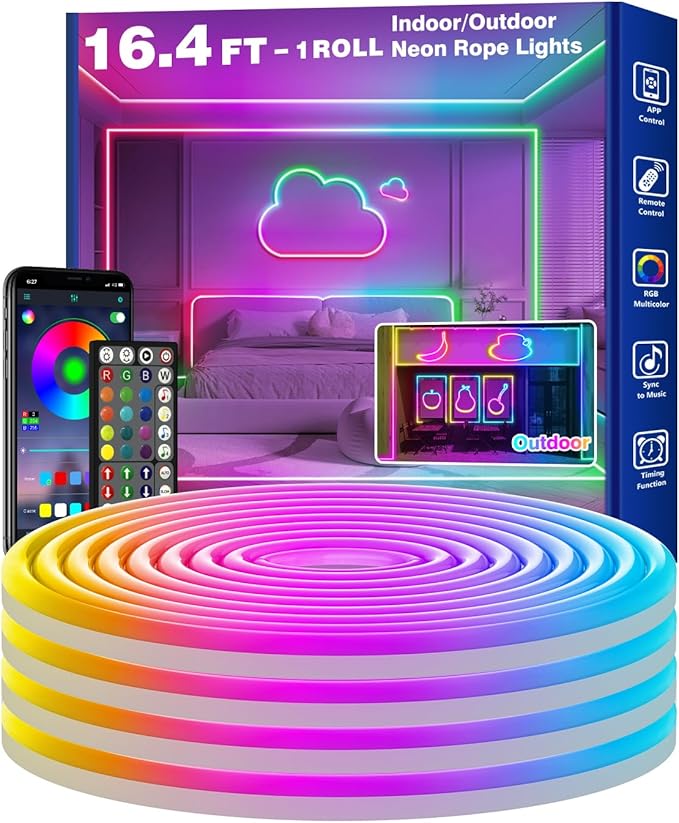 16.4FT LED Neon Rope Lights Waterproof with Smart App Control Remote,DIY Scene Modes,Music Sync hronization,Eaves Lights for Garden Decor,Deck,Christmas