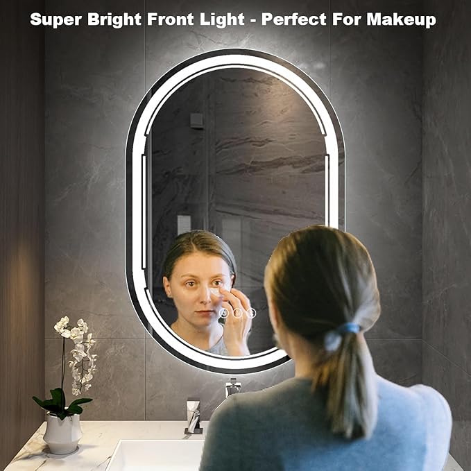24''X36'' Oval LED Bathroom Mirror with Lights, Built-in Bluetooth Speaker, Anti-Fog Dimmable 3 Lights Setting Backlit + Front Lit, Lighted Vanity Makeup Wall Mirrors, Shatter-Proof IP65 Waterproof