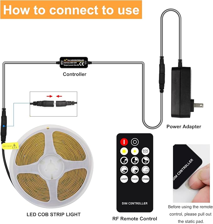 White COB LED Strip Light, Dimmable 16.4ft/5m LED Light, 6000K Daylight White 2400 LEDs High Lumen LED Tape Lights CRI 90+ with RF Remote and UL Power for Bedroom,Kitchen,DIY Home Decoration