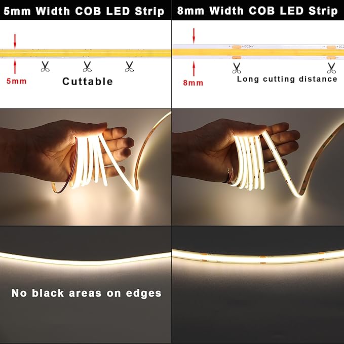 TOPAI 24V Thin 5mm COB LED Strip Waterproof 4000K Natural White 16.4ft Bright 4000Lm CRI>90 Uniform Dotless 400LEDs/M Self Adhesive Flexible Cuttable for DIY, Bedroom, Under Cabinet Lighting