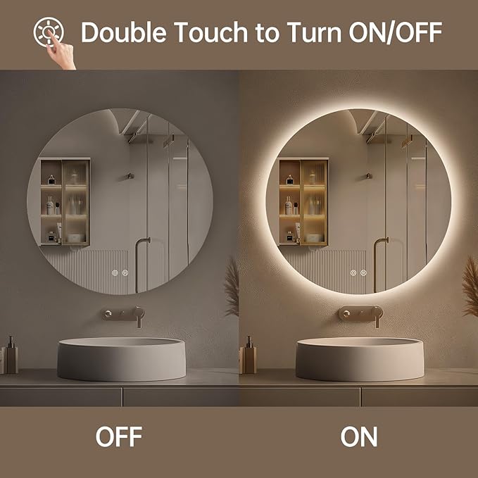 LOVESPEJO 24 Inch Round Backlit Bathroom Mirror with Lights, Circle LED Mirror for Bathroom, Fogless, Stepless Dimmable, 3 Color Changing, Memory, IP54, Shatterproof