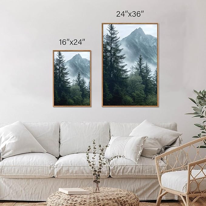 YeeHomedec Large Mountain Framed Canvas Wall Art, Modern Calming Forest Wall Decor, Misty Nature Mountains Art Painting, Wooden Pine Trees Artwork for Living Room Bedroom Farmhouse 24"x36"x3