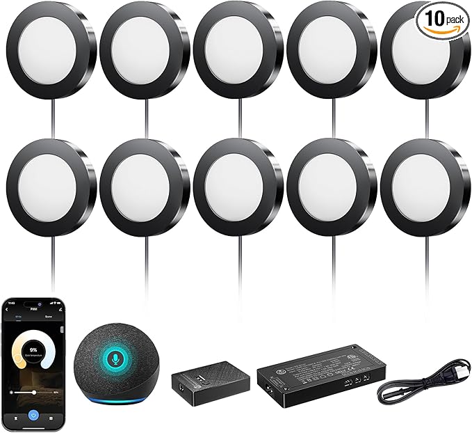 VST Smart Under Cabinet Lighting Work with Alexa Google Home Assistant App Remote Control, Recessed or Surface Mount 12V 2W/pc Puck Light for Kitchen Under Counter, Display Case, 10 Pack 3000K~6000K