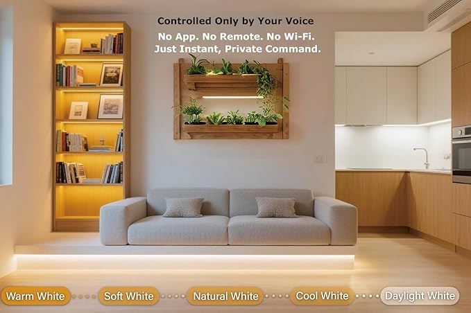 AI Voice Activated Under Bed Lights Strip, Dimmable White 2700-5000K, Kids Smart Night Lights 16.4ft, Strong Adhesive USB Powered No Smart Hub & App & Wifi Needed for Cabinets Reading Kitchen Mirror