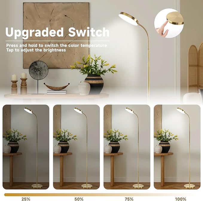 Floor Lamp, Led Floor Lamps for Living Room, Stepless Adjust Color Temperatures & Brightness Standing Lamp with Touch Control Tall Lamps Adjustable Gooseneck Reading Floor Lamp (Gold)