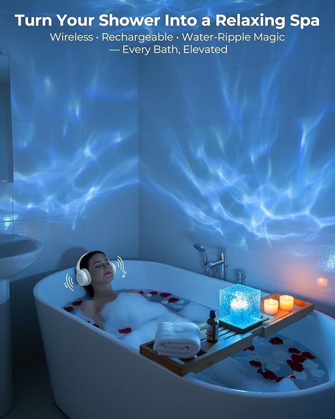 2-Pack Black Rechargeable Shower Lights, 16 Color Ocean Wave Projector Light Battery Powered, Shower Mood Lights Waterproof, Relaxing Bathtub Mood lighting, Water Ripple Lamp for Bath, Living Room