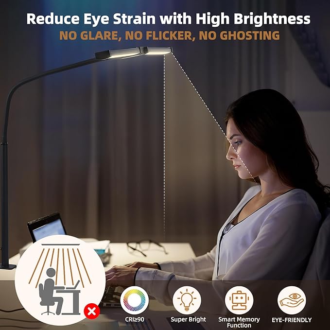 Led Desk Lamp for Home Office, Eye-care Architect Light with Clamp, Smart Double Head Computer Monitor Table Clip Lamp, Adjustable Flexible Goose-Neck, 25 Lighting Models, Task Lamp, White and Sliver