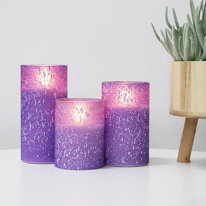 Mingfuxin Purple Flameless Candles with Remote, Set of 3 Indoor Halloween Candles Battery Operated, LED Fake Candles for Bedroom Home Wedding Tabletop Fall Decor