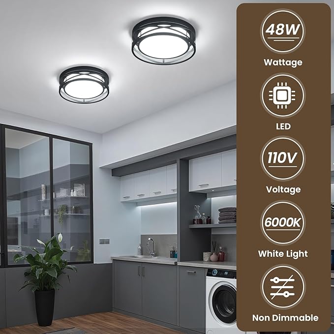 Modern LED Ceiling Light Fixture, 6000K Round LED Flush Mount Hallway Light Fixtures, Farmhouse Black Close to Ceiling Light for Hallway Bedroom Balcony Porch Stairway(Round, 12.6INCH)