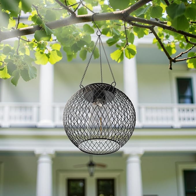 Modern Solar Mesh Globe Pendant Lights, Black Metal Hanging Spherical Lanterns with Edison Bulbs, Chain-Mounted, Indoor Outdoor (Black-4-Pack)